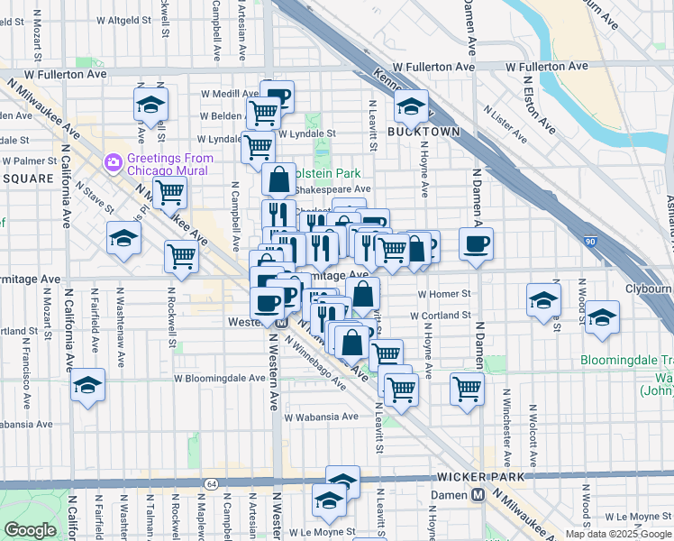 map of restaurants, bars, coffee shops, grocery stores, and more near 2237 West Armitage Avenue in Chicago