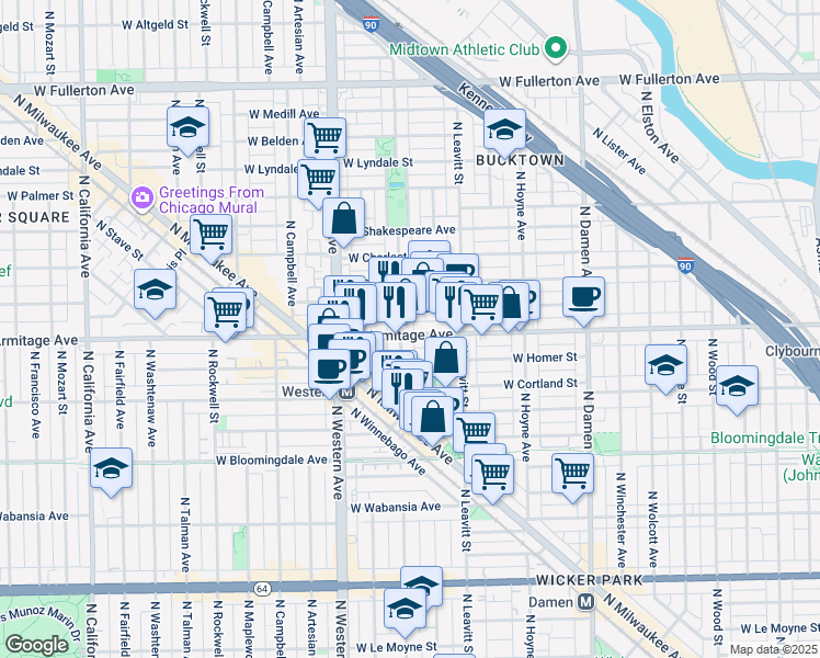 map of restaurants, bars, coffee shops, grocery stores, and more near 2237 West Armitage Avenue in Chicago