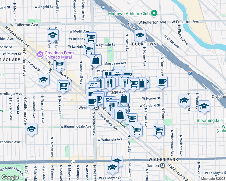 map of restaurants, bars, coffee shops, grocery stores, and more near 2237 West Armitage Avenue in Chicago