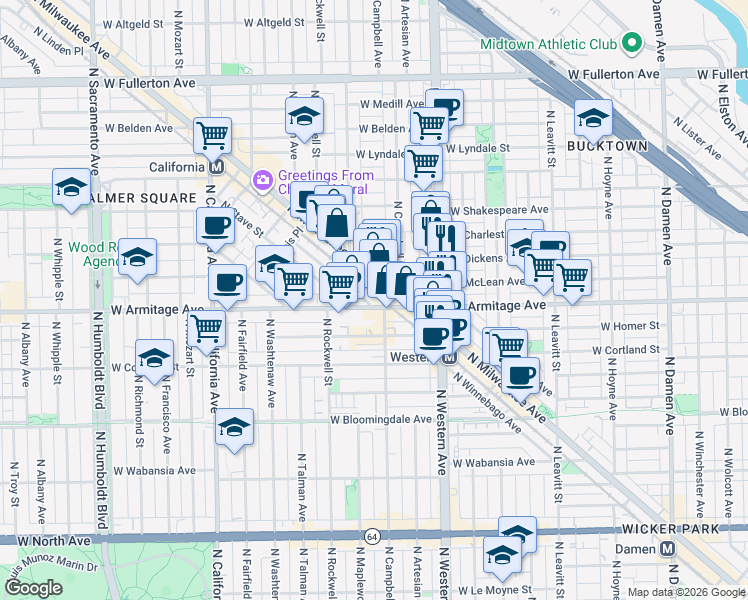 map of restaurants, bars, coffee shops, grocery stores, and more near 2464 West Armitage Avenue in Chicago