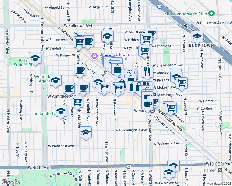 map of restaurants, bars, coffee shops, grocery stores, and more near 2539 West Armitage Avenue in Chicago