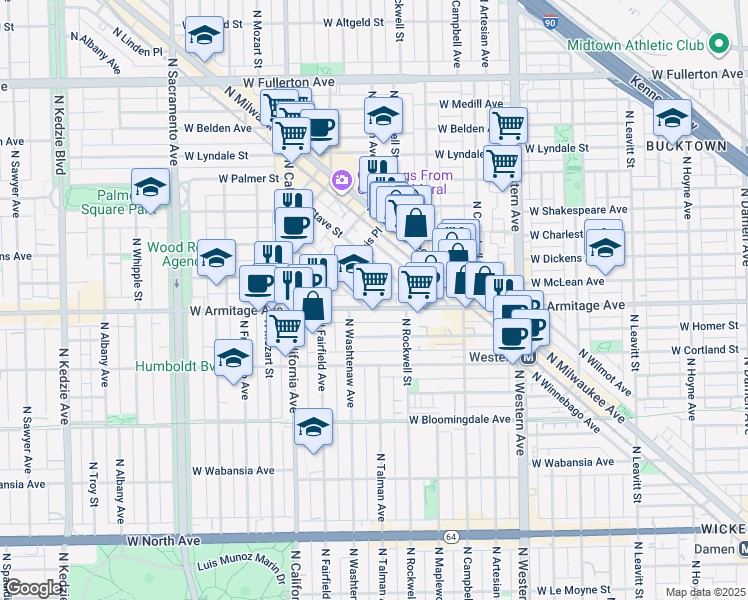 map of restaurants, bars, coffee shops, grocery stores, and more near 2617 West Armitage Avenue in Chicago