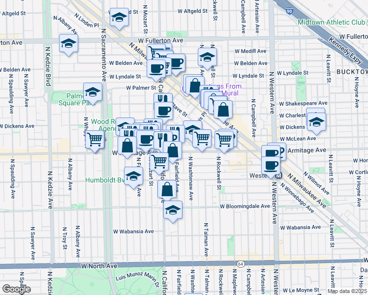 map of restaurants, bars, coffee shops, grocery stores, and more near 2728 West Armitage Avenue in Chicago