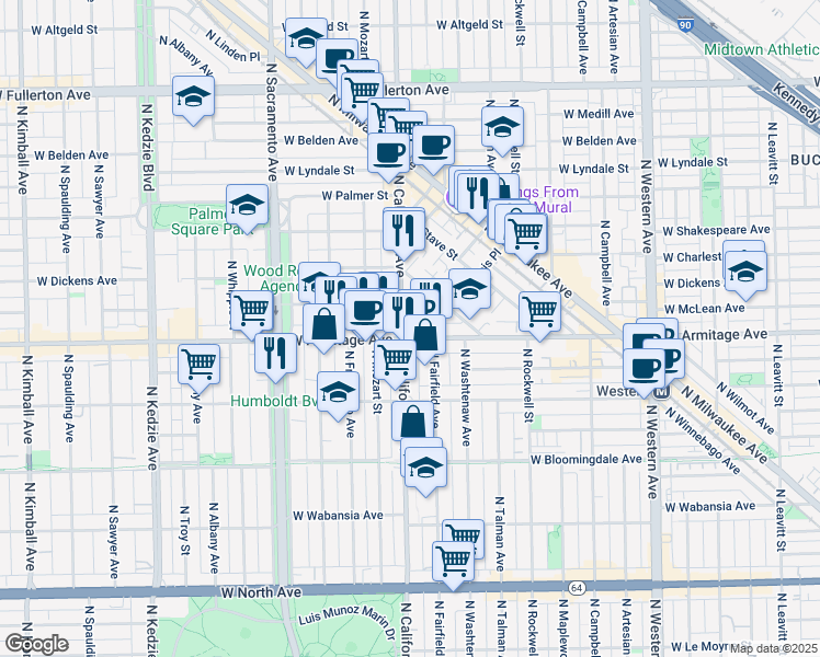 map of restaurants, bars, coffee shops, grocery stores, and more near in Chicago