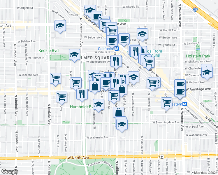 map of restaurants, bars, coffee shops, grocery stores, and more near in Chicago