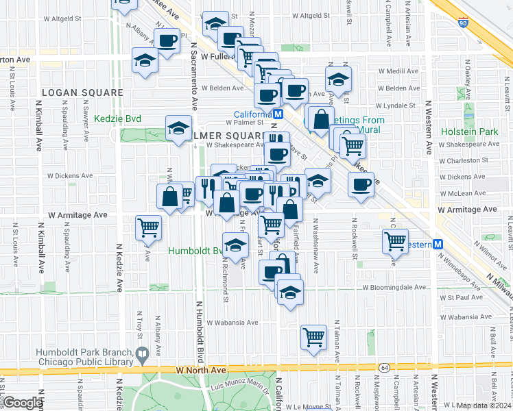map of restaurants, bars, coffee shops, grocery stores, and more near 2842 West Armitage Avenue in Chicago