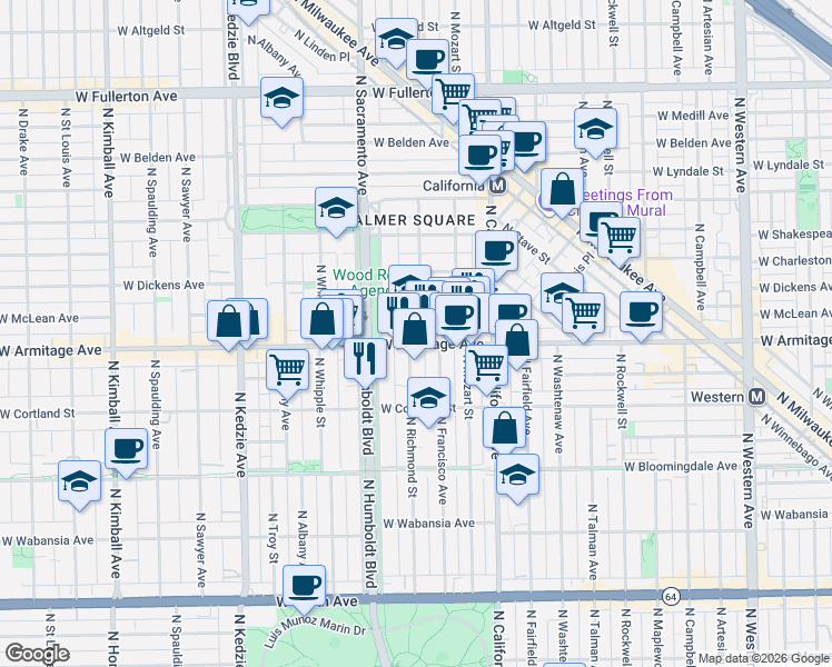 map of restaurants, bars, coffee shops, grocery stores, and more near 2930 West Armitage Avenue in Chicago