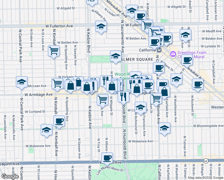 map of restaurants, bars, coffee shops, grocery stores, and more near in Chicago