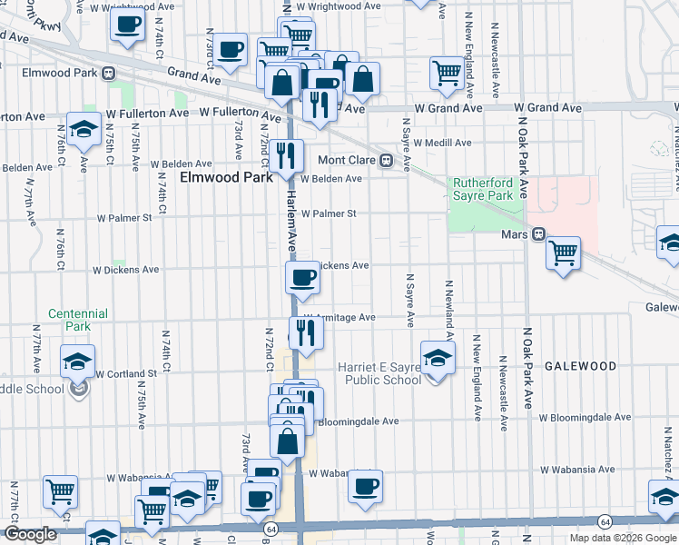 map of restaurants, bars, coffee shops, grocery stores, and more near 2041 North Neva Avenue in Chicago