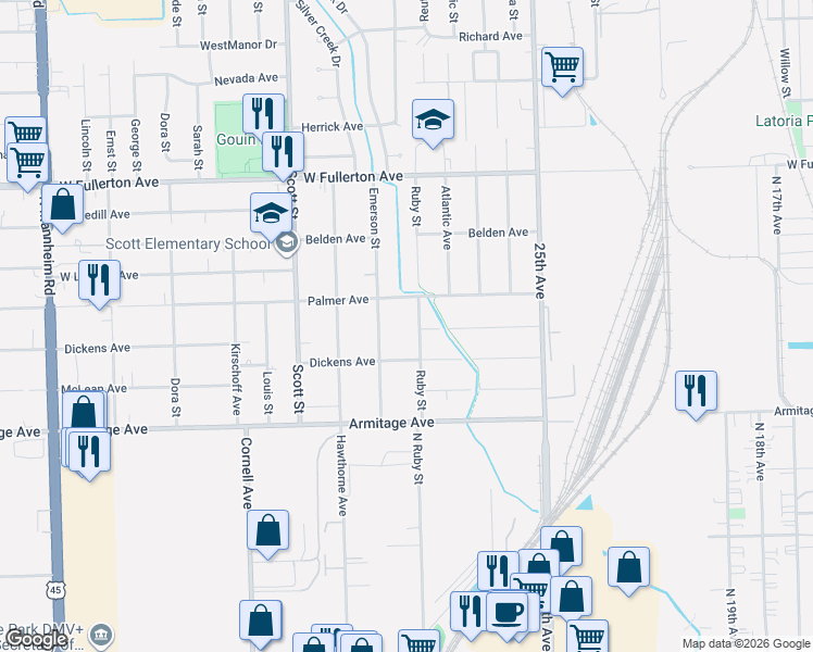 map of restaurants, bars, coffee shops, grocery stores, and more near 2120 Ruby Street in Melrose Park