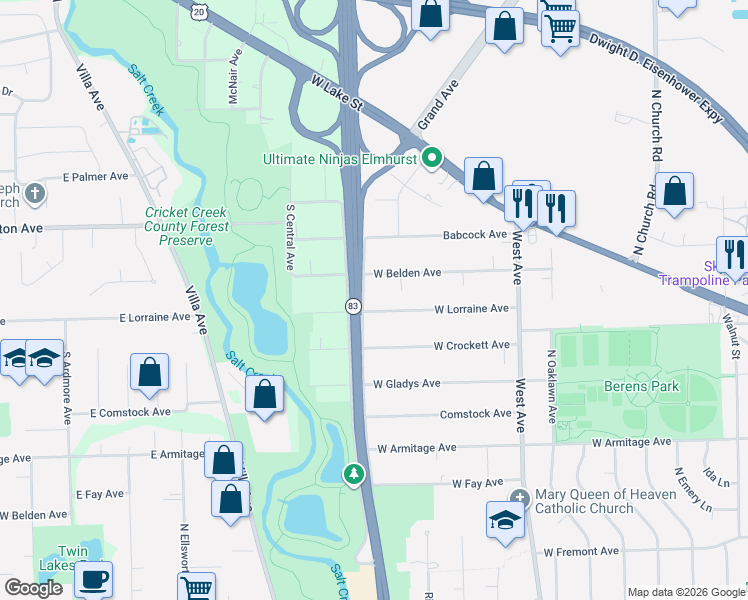 map of restaurants, bars, coffee shops, grocery stores, and more near 659 West Lorraine Avenue in Elmhurst