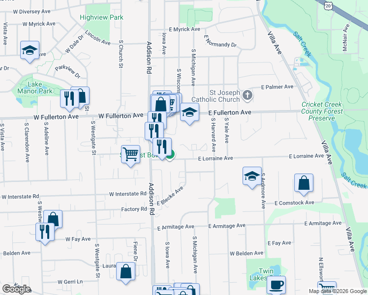 map of restaurants, bars, coffee shops, grocery stores, and more near 142 East Lorraine Avenue in Addison