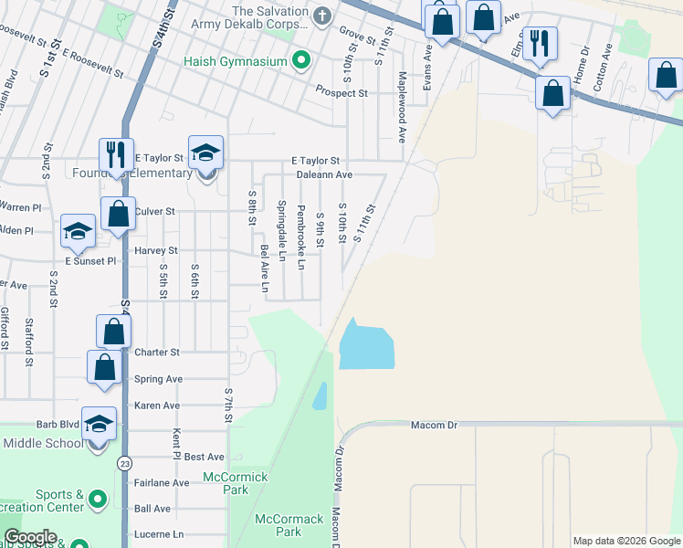 map of restaurants, bars, coffee shops, grocery stores, and more near 1026 South 10th Street in DeKalb