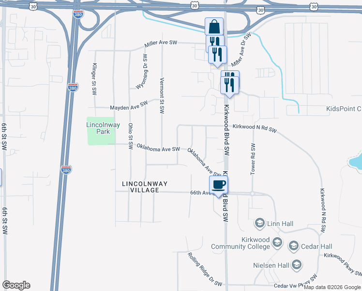 map of restaurants, bars, coffee shops, grocery stores, and more near 77-85 Oklahoma Avenue Southwest in Cedar Rapids