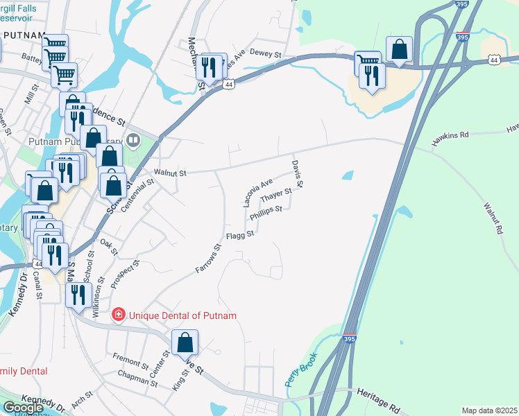 map of restaurants, bars, coffee shops, grocery stores, and more near 32 Newport Avenue in Putnam