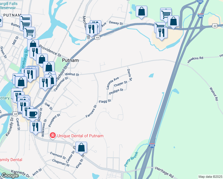 map of restaurants, bars, coffee shops, grocery stores, and more near 32 Newport Avenue in Putnam