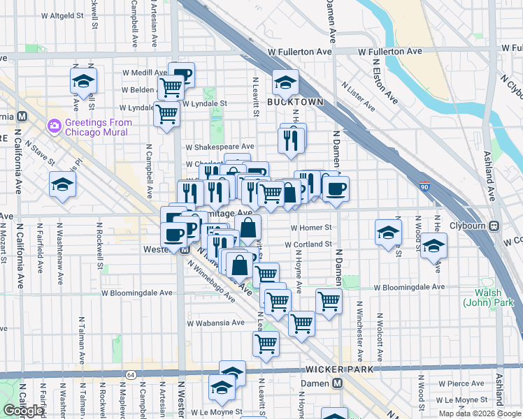 map of restaurants, bars, coffee shops, grocery stores, and more near 1955 North Leavitt Street in Chicago