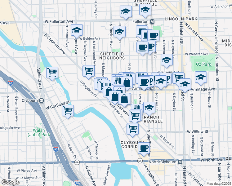 map of restaurants, bars, coffee shops, grocery stores, and more near 1965 F North Maud Avenue in Chicago