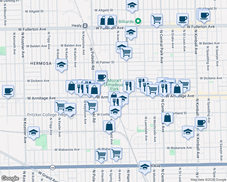map of restaurants, bars, coffee shops, grocery stores, and more near 2036 North Avers Avenue in Chicago