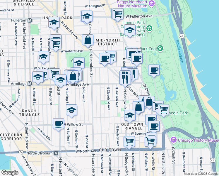 map of restaurants, bars, coffee shops, grocery stores, and more near 1947 North Cleveland Avenue in Chicago