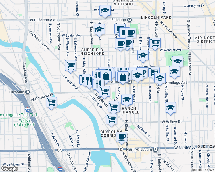 map of restaurants, bars, coffee shops, grocery stores, and more near 1956 North Seminary Avenue in Chicago