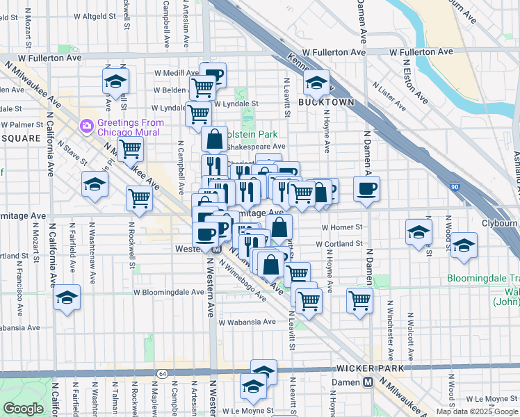 map of restaurants, bars, coffee shops, grocery stores, and more near 2237 West Armitage Avenue in Chicago