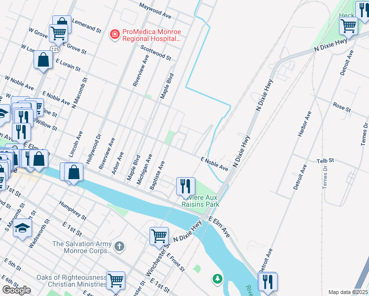 map of restaurants, bars, coffee shops, grocery stores, and more near 402 Lapointe Avenue in Monroe