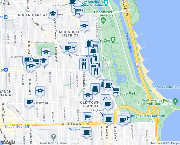 map of restaurants, bars, coffee shops, grocery stores, and more near 1939 North Lincoln Avenue in Chicago