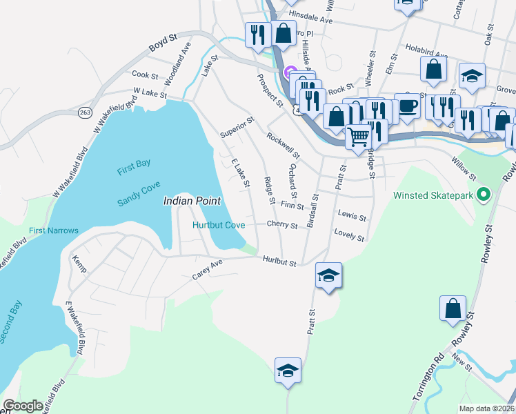 map of restaurants, bars, coffee shops, grocery stores, and more near 66 East Lake Street in Winchester