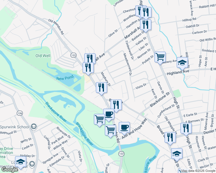 map of restaurants, bars, coffee shops, grocery stores, and more near 22 Maybury Street in Cumberland