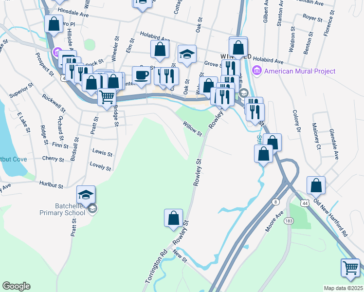 map of restaurants, bars, coffee shops, grocery stores, and more near 102 Maple Street in Winsted