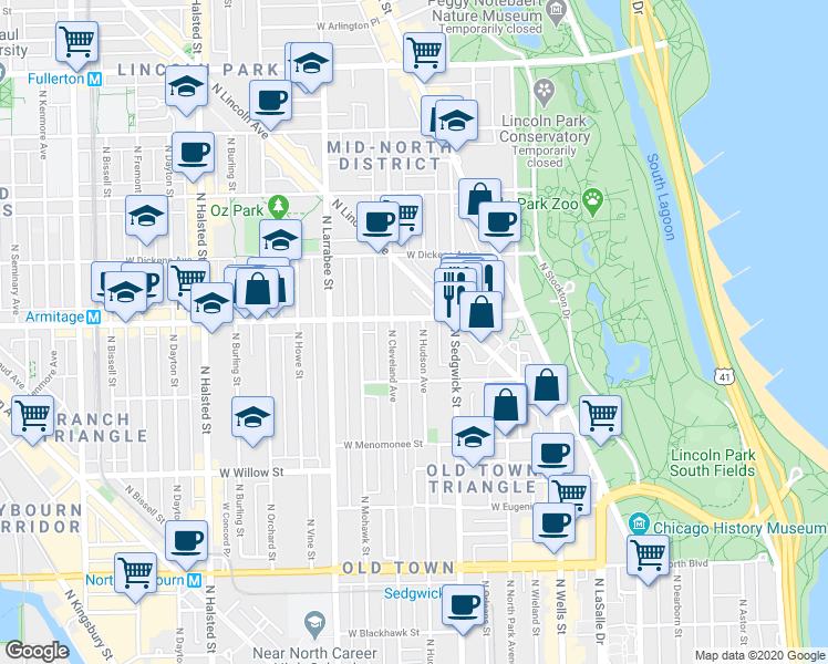 map of restaurants, bars, coffee shops, grocery stores, and more near 1932 North Hudson Avenue in Chicago