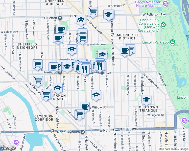 map of restaurants, bars, coffee shops, grocery stores, and more near 1950 North Orchard Street in Chicago