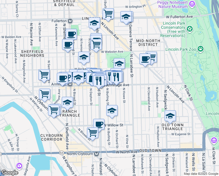 map of restaurants, bars, coffee shops, grocery stores, and more near 1950 North Orchard Street in Chicago