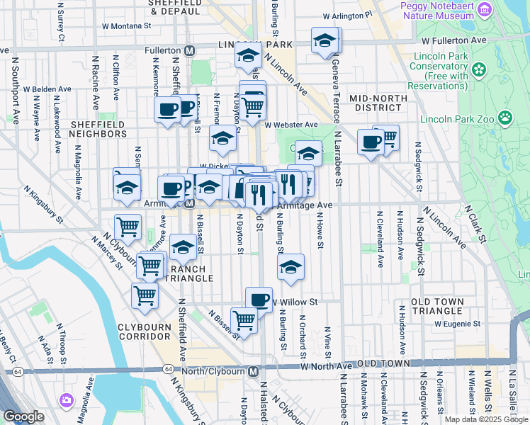 map of restaurants, bars, coffee shops, grocery stores, and more near 1951 North Halsted Street in Chicago