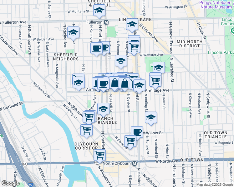 map of restaurants, bars, coffee shops, grocery stores, and more near 1948 North Fremont Street in Chicago