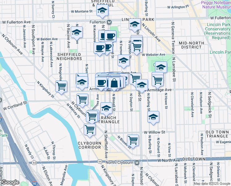 map of restaurants, bars, coffee shops, grocery stores, and more near 919 West Armitage Avenue in Chicago