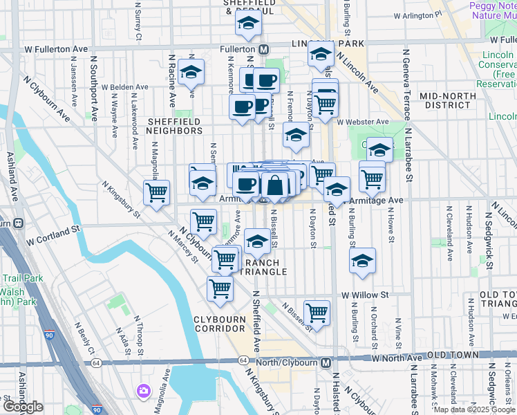 map of restaurants, bars, coffee shops, grocery stores, and more near 919 West Armitage Avenue in Chicago