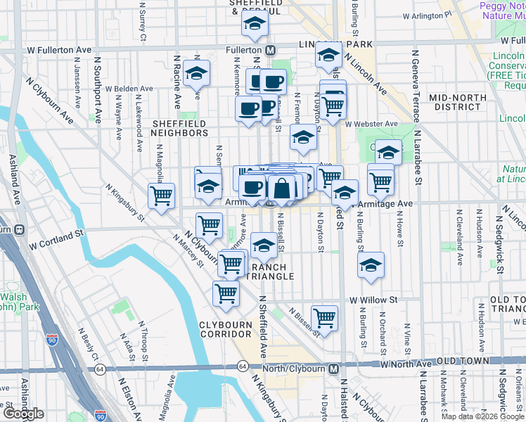 map of restaurants, bars, coffee shops, grocery stores, and more near 957 West Armitage Avenue in Chicago