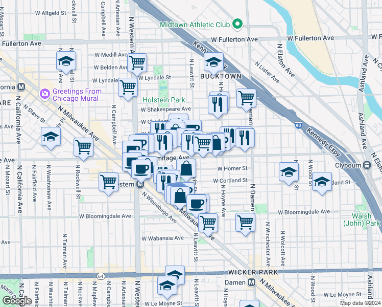 map of restaurants, bars, coffee shops, grocery stores, and more near 1955 North Leavitt Street in Chicago