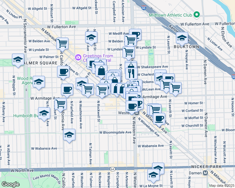 map of restaurants, bars, coffee shops, grocery stores, and more near 2464 West Armitage Avenue in Chicago