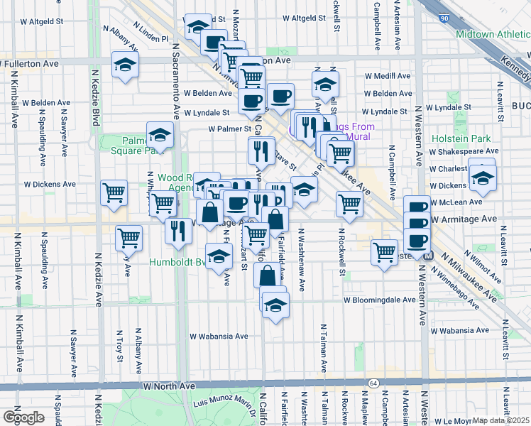 map of restaurants, bars, coffee shops, grocery stores, and more near in Chicago