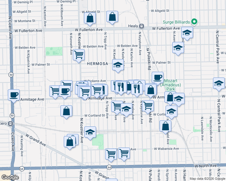 map of restaurants, bars, coffee shops, grocery stores, and more near 4210 West Armitage Avenue in Chicago