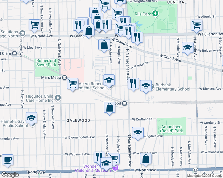 map of restaurants, bars, coffee shops, grocery stores, and more near 2039 North Natchez Avenue in Chicago