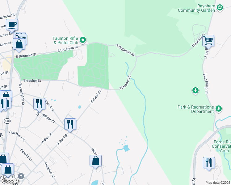 map of restaurants, bars, coffee shops, grocery stores, and more near 367 Thrasher Street in Taunton