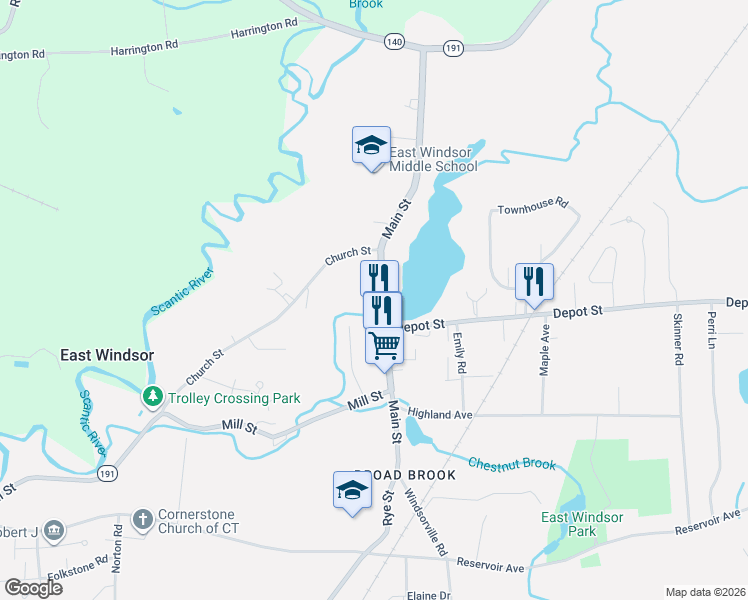 map of restaurants, bars, coffee shops, grocery stores, and more near 100 Main Street in East Windsor