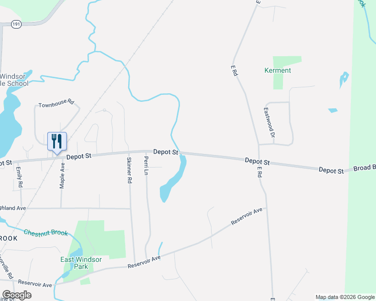 map of restaurants, bars, coffee shops, grocery stores, and more near 130 Depot Street in East Windsor
