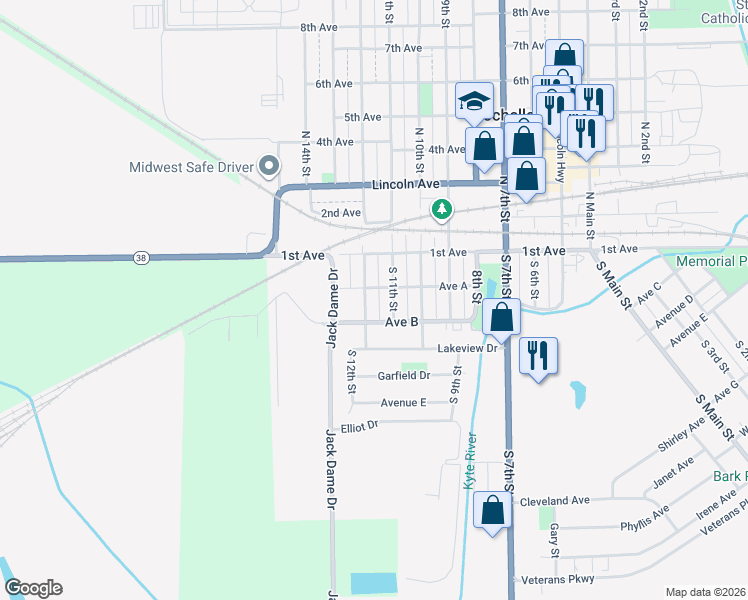 map of restaurants, bars, coffee shops, grocery stores, and more near 219 South 12th Street in Rochelle