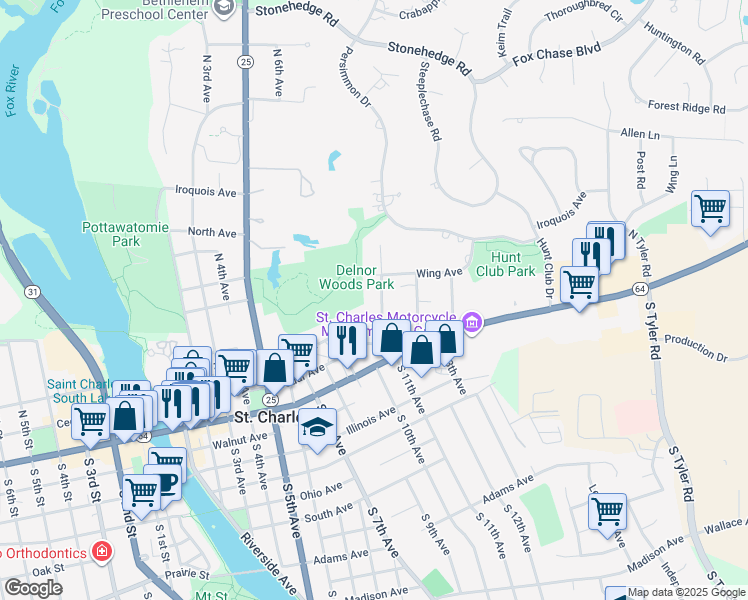 map of restaurants, bars, coffee shops, grocery stores, and more near 139 North 11th Avenue in St. Charles