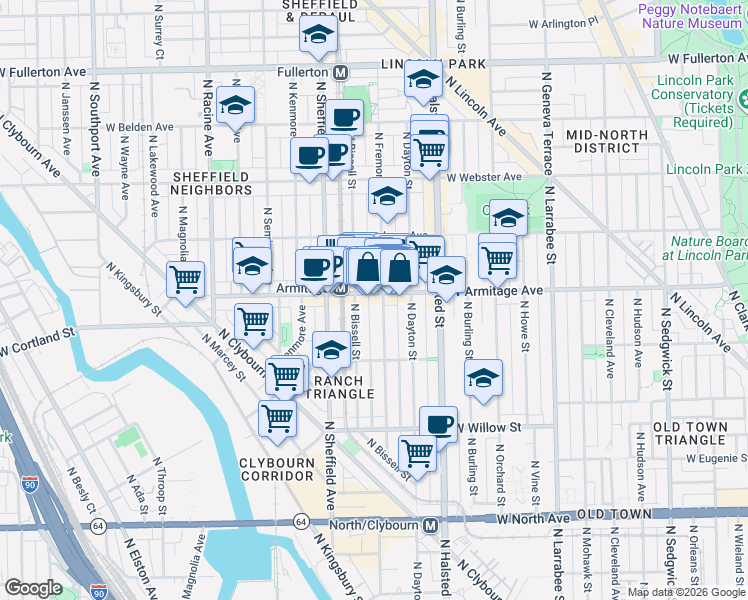 map of restaurants, bars, coffee shops, grocery stores, and more near 1948 North Fremont Street in Chicago